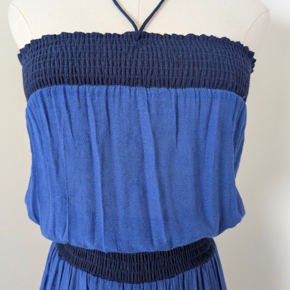 T-Bags Los Angeles Navy Maxi Dress Strapless Halter Long Floor Length Tiered - Picture 2 of 12